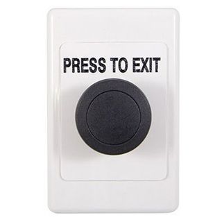 ARLIN, Exit button, Black mushroom, White plastic wall switch plate, labelled 'Press to Exit'.