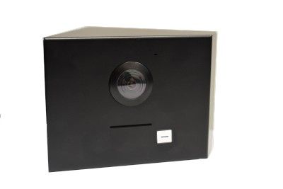 BOUJEE BOXES, Angled surface mount door station cover to suit HIKVISION, BLACK powdercoated, Cut out for DS-KD8003-IMEx, left hand angled (from door station perspective).