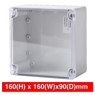 ALLBRO, IP66 screw lid enclosure, Polycarbonate, Grey with clear lid, Flame retardant, Stainless steel screws, 160(H) x 160(W) x 90(D)mm