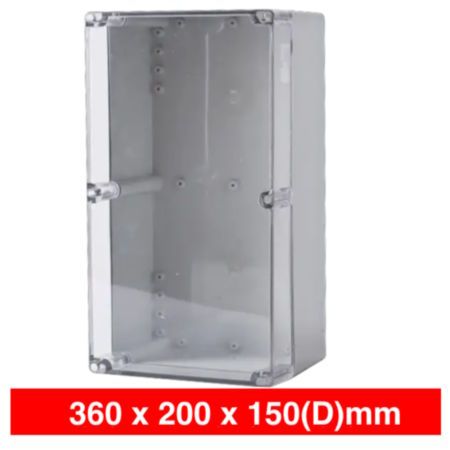 ALLBRO, IP66 screw lid enclosure, Polycarbonate, Grey with clear lid, Flame retardant, Stainless steel screws, 360 x 200 x 150mm