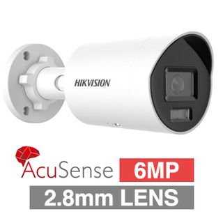 HIKVISION, 6MP AcuSense G2 HD-IP outdoor Mini Bullet camera w/ audio, White, 2.8mm fixed lens, 40m IR, WDR, Microphone, 1/2.4" CMOS, H.265+, IP67, Tri-axis, 12V DC/POE