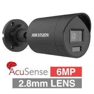 HIKVISION, 6MP AcuSense G2 HD-IP outdoor Mini Bullet camera w/ audio, Black, 2.8mm fixed lens, 40m IR, WDR, Microphone, 1/2.4" CMOS, H.265+, IP67, Tri-axis, 12V DC/POE
