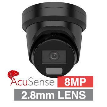 HIKVISION, 8MP AcuSense G2 HD-IP outdoor Turret camera w/ audio, Black, 2.8mm fixed lens, 30m IR, WDR, Microphone, 1/1.8" CMOS, H.265+, IP66, Tri-axis, 12V DC/POE