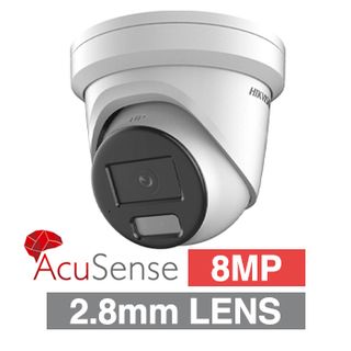 HIKVISION, 8MP AcuSense G2 HD-IP outdoor Turret camera w/ audio, White, 2.8mm fixed lens, 30m IR, WDR, Microphone, 1/1.8" CMOS, H.265+, IP66, Tri-axis, 12V DC/POE