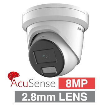HIKVISION, 8MP AcuSense G2 HD-IP outdoor Turret camera w/ audio, White, 2.8mm fixed lens, 30m IR, WDR, Microphone, 1/1.8" CMOS, H.265+, IP66, Tri-axis, 12V DC/POE