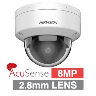 HIKVISION, 8MP AcuSense G2 HD-IP outdoor Vandal Dome camera w/ audio, White, 2.8mm fixed lens, 30m IR, WDR, Microphone, I/O (Alarm & Audio), 1/1.8" CMOS, H.265+, IP67, IK10, Tri-axis, 12V DC/POE