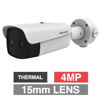 HIKVISION, 4MP Fusion Indoor Body Temp/Thermal bullet camera, White, 15mm fixed lens (thermal), 6mm fixed lens (optical), 384x288 Thermal, 50m IR, 120dB WDR, Day/Night (ICR), 1/2.7" CMOS, H.265+,IP66
