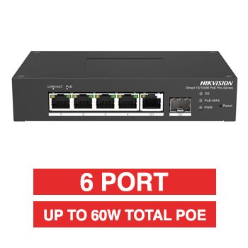 HIKVISION, 4 Port Industrial POE network switch, Non-managed, 4x 10/100Mbps PoE ports (1x Hi-PoE), 1x 1000Mbps uplink, 1x SFP Uplink port, Total POE power up to 60W, 48-57V DC