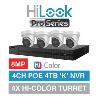HILOOK, 4 channel PRO SERIES kit, Hi-Color HD-IP turret 8MP kit, Includes 1x NVR-104MH-K/4P-4T 4ch POE NVR w/ 4TB HDD & 4x IPC-T581H-MU-2.8 8MP IP Hi-Color turret cameras w/ 2.8mm fixed lens