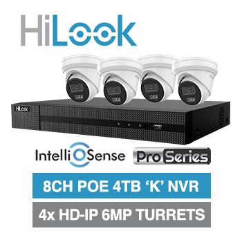 HILOOK, 8 channel IntelliSense HD-IP turret 6MP kit, Includes 1x NVR-108MH-K/4P-4T 8ch POE PRO SERIES 'K' NVR w/ 4TB HDD & 4x IPC-T361H-MU 6MP IP IR turret cameras w/ 2.8mm fixed lens