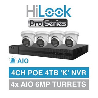 HILOOK, 4 channel PRO SERIES kit, AIO HD-IP turret 6MP kit, Includes 1x NVR-104MH-K/4P-4T 4ch POE NVR w/ 4TB HDD & 4x IPC-T269H-MU/SL-2.8 6MP IP IR turret cameras w/ 2.8mm fixed lens