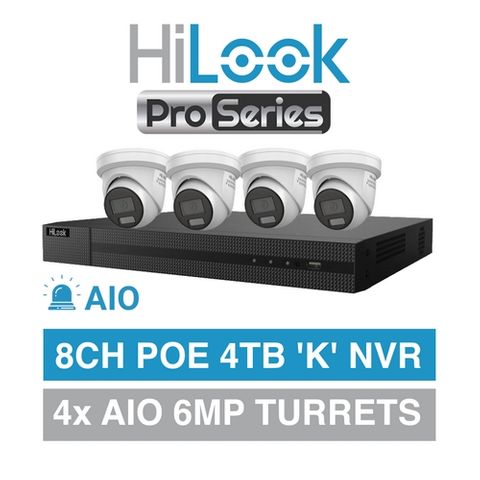 HILOOK, 8 channel PRO SERIES kit, AIO HD-IP turret 6MP kit, Includes 1x NVR-108MH-K/4P-4T 8ch POE NVR w/ 4TB HDD & 4x IPC-T269H-MU/SL-2.8 6MP IP IR turret cameras w/ 2.8mm fixed lens