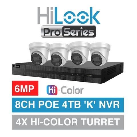 HILOOK, 8 channel PRO SERIES kit, Hi-Color HD-IP turret 6MP kit, Includes 1x NVR-108MH-K/4P-4T 8ch POE NVR w/ 4TB HDD & 4x IPC-T561H-MU-2.8 6MP IP Hi-Color turret cameras w/ 2.8mm fixed lens