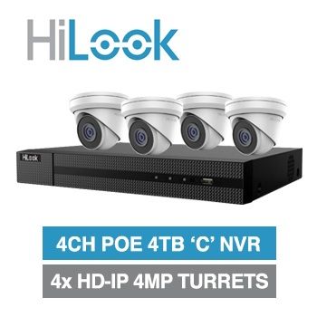 HILOOK, 4 channel HD-IP turret 4MP kit, Includes 1x NVR-104MH-C/4P-4T 4CH POE NVR w/ 4TB HDD & 4x IPC-T240H-M-2.8 4MP IP IR turret cameras w/ 2.8mm fixed lens