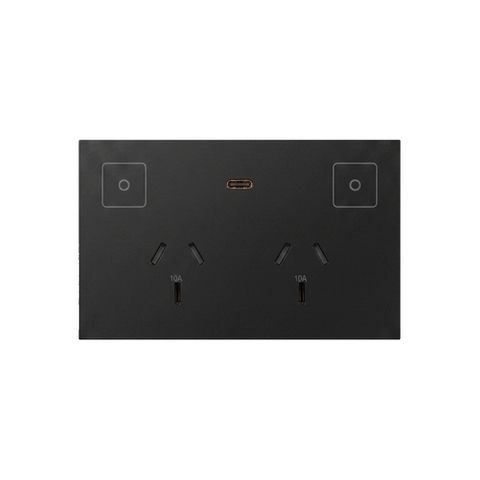 KONEC, Zigbee, Double Smart Power Point, BLACK plastic, Capactive touch buttons with Blue LED indicators, USB C port for device charging, 110-240V, 2x 10A, Gateway req.