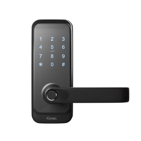 KONEC, Zigbee Smart Lock, Fire Rated, BLACK alloy, PIN/Prox/Fingerprint (max 100 of each), App control, Key override, IP55, req. 4x AA batteries, 35-65mm door thickness, Gateway req.