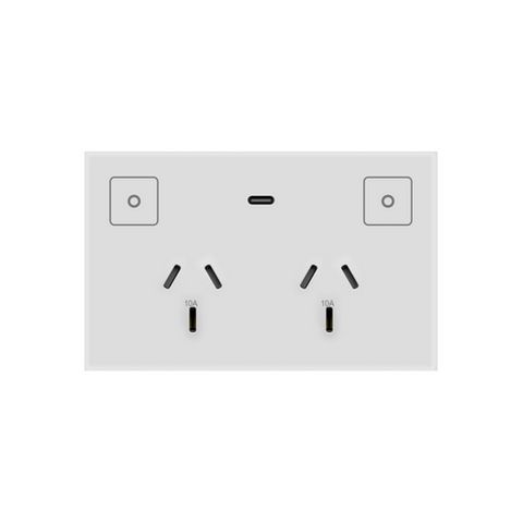 KONEC, Zigbee, Double Smart Power Point, Glass WHITE, Capactive touch buttons with Blue LED indicators, USB C port for device charging, 110-240V, 2x 10A, Gateway req.