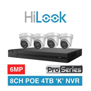 HILOOK, 8 channel PRO SERIES kit, HD-IP turret 6MP kit, Includes 1x NVR-108MH-K/4P-4T 8ch POE NVR w/ 4TB HDD & 4x IPC-T361H-MU-2.8 6MP Turret cameras w/ 2.8mm fixed lens