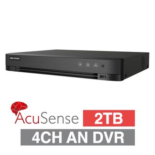 HIKVISION, Acusense Analogue Turbo HD DVR, 4 ch, H265+, 2CH IP support, 1x 2TB SATA HDD (1x 12TB max), VMD, USB/Network backup, Ethernet, 2x USB, 1 Audio In/Out, HDMI/VGA/BNC outputs