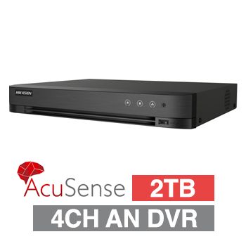 HIKVISION, Acusense Analogue Turbo HD DVR, 4 ch, H265+, 2CH IP support, 1x 2TB SATA HDD (1x 12TB max), VMD, USB/Network backup, Ethernet, 2x USB, 1 Audio In/Out, HDMI/VGA/BNC outputs