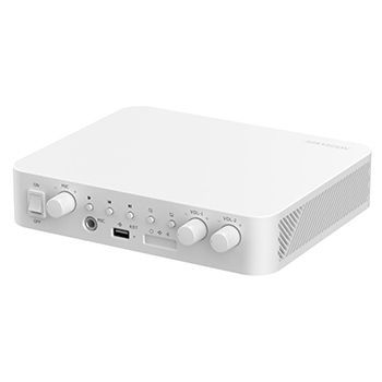 HIKVISION, Mixer power amplifier, 80W RMS, 2 Zone Outputs, 100V line, 1 Unbalanced mic input, 1 unbalanced aux input, Built-in storage EMMC, RJ45, MP3 player, Bluetooth, Power supply.