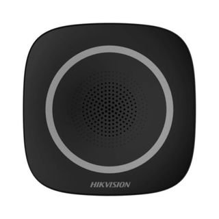 HIKVISION, AX Pro, Wireless Indoor sounder, Black with Blue indicator, 433MHz, Two-way, Configurable arm/disarm, 3 Alarm sounds, 90-110 dB, 12V DC or 3x CR123A (not incl.) powered