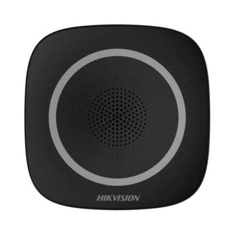 HIKVISION, AX Pro, Wireless Indoor sounder, Black with Blue indicator, 433MHz, Two-way, Configurable arm/disarm, 3 Alarm sounds, 90-110 dB, 12V DC or 3x CR123A (not incl.) powered