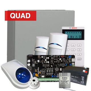 BOSCH Solution 2000 Promo, Incl. K2000-2QUAD-ICON kit + K0011 slimline siren kit. Sol 2000 PCB, Icon LCD keypad, 2x BlueLine Gen 2 Quads, Enclosure, Plugpack, Battery, External + Internal sirens