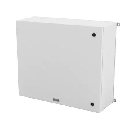 ALLBRO, Landscape hinged enclosure, SMC material, Grey, IP66 & IK10 rated, Flame retardant, Internal Hinges, 709(H) x 828(W) x 287(D)mm, Incl 2 x T- Lock locks & int. SMC plate for mounting products.