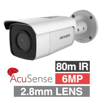 HIKVISION, 6MP AcuSense G2 HD-IP outdoor Bullet camera, White, 2.8mm fixed lens, 80m IR, WDR, 1/2.4"  CMOS, H.265+, IP67, Tri-axis, 12V DC/POE