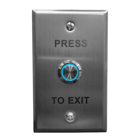 NETDIGITAL, Switch plate (Rounded edges), Wall, Labelled "Press to Exit", Stainless steel, With stainless steel Blue illuminated push button, N/O and N/C contacts