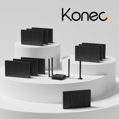 KONEC, Core Kit, Black, Includes 10x Brushed Metal BLACK smart wall switches (3x single gang, 3x 2 gang, 3x 3 gang, 1x 4 gang), 1x smart gateway