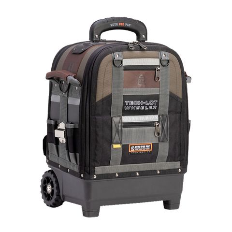 VETO PRO PAC, Tech Series, Large tech tool bag with wheels & pull up handle, Closed style, 64 tiered pockets, Weather resistant base & fabric, 320(L) x 430(W) x 480(H)mm