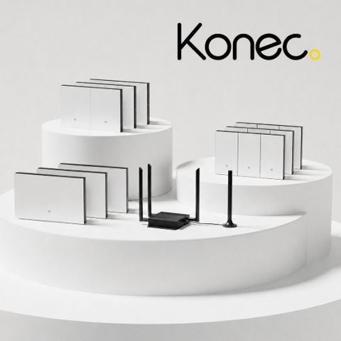 KONEC, NDIS Kit, White, Includes 9x Glass WHITE smart wall switches (3x single gang, 3x 2 gang, 3x 3 gang), 1x smart gateway