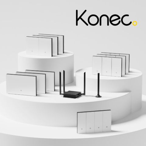 KONEC, Core Kit, White, Includes 10x Glass WHITE smart wall switches (3x single gang, 3x 2 gang, 3x 3 gang, 1x 4 gang), 1x smart gateway