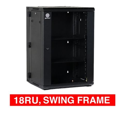 GARLAND, 18RU 19" Rack Cabinet, Wall mount with Swing Frame, 600(W) x 916(H) x 600(D)mm, With glass door and front vent, Black powder coated finish.