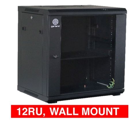 GARLAND, 12RU 19" Rack Cabinet, Wall mount, 600(W) x 649(H) x 450(D)mm, With glass door and front vent, Black powder coated finish.