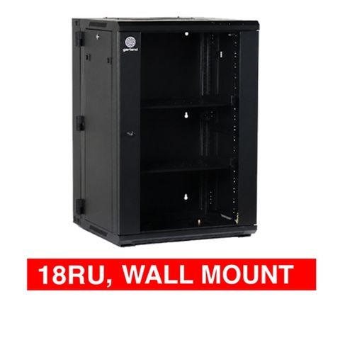 GARLAND, 18RU 19" Rack Cabinet, Wall mount, 600(W) x 916(H) x 450(D)mm, With glass door and front vent, Black powder coated finish.