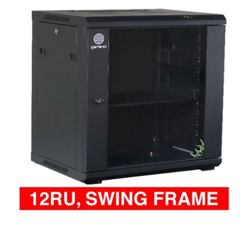 GARLAND, 12RU 19" Rack Cabinet, Wall mount with Swing Frame, 600(W) x 649(H) x 600(D)mm, With glass door and front vent, Black powder coated finish.