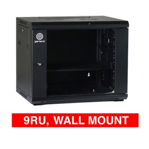 GARLAND, 9RU 19" Rack Cabinet, Wall mount, 600(W) x 515(H) x 600(D)mm, With glass door and front vent, Black powder coated finish.