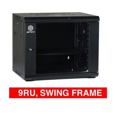 GARLAND, 9RU 19" Rack Cabinet, Wall mount with Swing Frame, 600(W) x 515(H) x 600(D)mm, With glass door and front vent, Black powder coated finish.