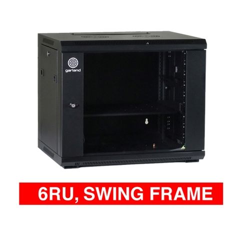 GARLAND, 6RU 19" Rack Cabinet, Wall mount with Swing Frame, 600(W) x 382(H) x 600(D)mm, With glass door and front vent, Black powder coated finish.