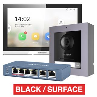 HIKVISION, IP Intercom Kit, Includes 1 x DS-KH6350-WTE1 BLACK 7" room station, 1 x DS-KD8003-IME1 door station module, 1x DS-KD-ACW1 surface mount backbox/frame & 1x DS-3E1106HP-EI POE switch