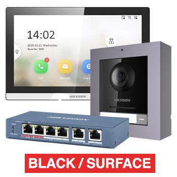 HIKVISION, IP Intercom Kit, Includes 1 x DS-KH6350-WTE1 BLACK 7" room station, 1 x DS-KD8003-IME1 door station module, 1x DS-KD-ACW1 surface mount backbox/frame & 1x DS-3E1106HP-EI POE switch
