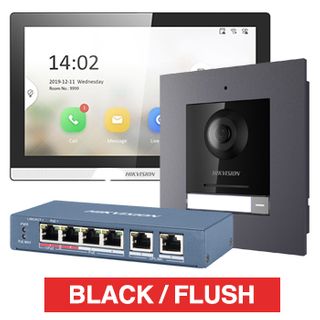 HIKVISION, IP Intercom Kit, Includes 1x DS-KH6350-WTE1 7" BLACK  room station, 1x DS-KD8003-IME1 door station module, 1x DS-KD-ACF1/PLASTIC flush mount backbox/frame & 1x DS-3E1106HP-EI POE switch