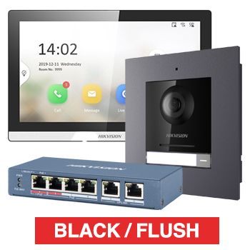 HIKVISION, IP Intercom Kit, Includes 1x DS-KH6350-WTE1 7" BLACK  room station, 1x DS-KD8003-IME1 door station module, 1x DS-KD-ACF1/PLASTIC flush mount backbox/frame & 1x DS-3E1106HP-EI POE switch