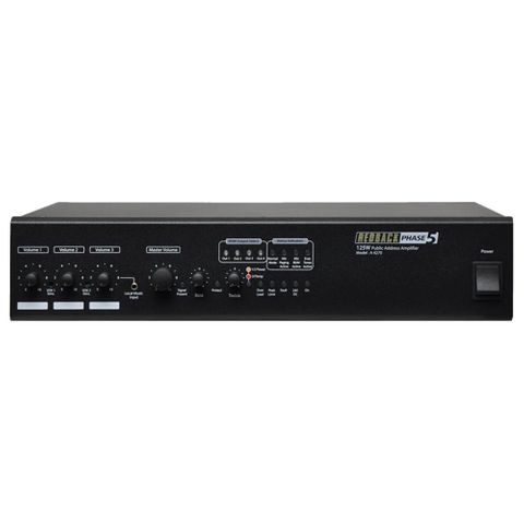 REDBACK, PA Mixer Amplifier, 125W, Outputs 100V line, 4 Zone, With 3 balanced mic input, 4 stereo inputs, VOX muting circuit, Bass & treble control, 240v.
