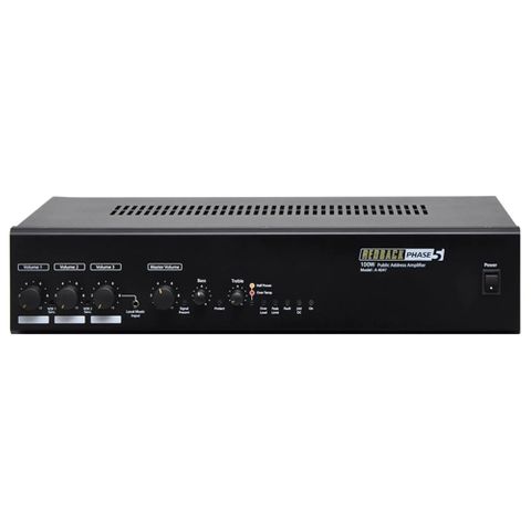 REDBACK, PA Amplifier, 100W, Outputs 100V line, With 3 balanced  mic input, 3 stereo inputs, VOX muting circuit, Bass & treble control, 240V or 24V DC