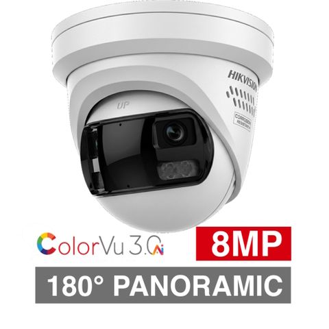 HIKVISION, 8MP ColorVu G2 IP outdoor Panoramic Turret camera w/ 2-way audio, strobe & audible alarm, White, 2x 2.8mm fixed lens, 30m White LED/IR, WDR, Microphone, I/O (Alarm & Audio), IP67