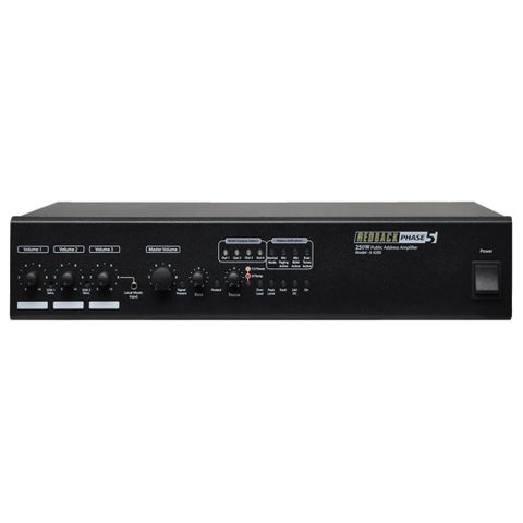 REDBACK, PA Mixer Amplifier, 250W, Outputs 100V line, 4 Zone, With 3 balanced mic input, 4 stereo inputs, VOX muting circuit, Bass & treble control, 240v.